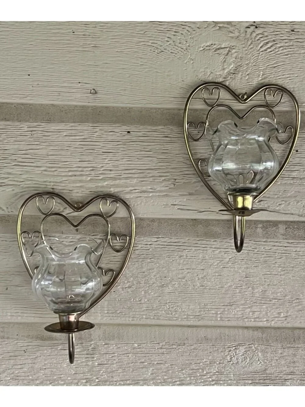 2 Homco Heart-Shaped Brass Wall Candle Holders Ruffled Votive Glass Shades Set